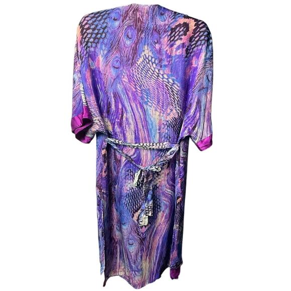 Purple Peacock Feather Print Kimono Robe Satin Trim Boho Lounge Duster One Size - Picture 2 of 6
